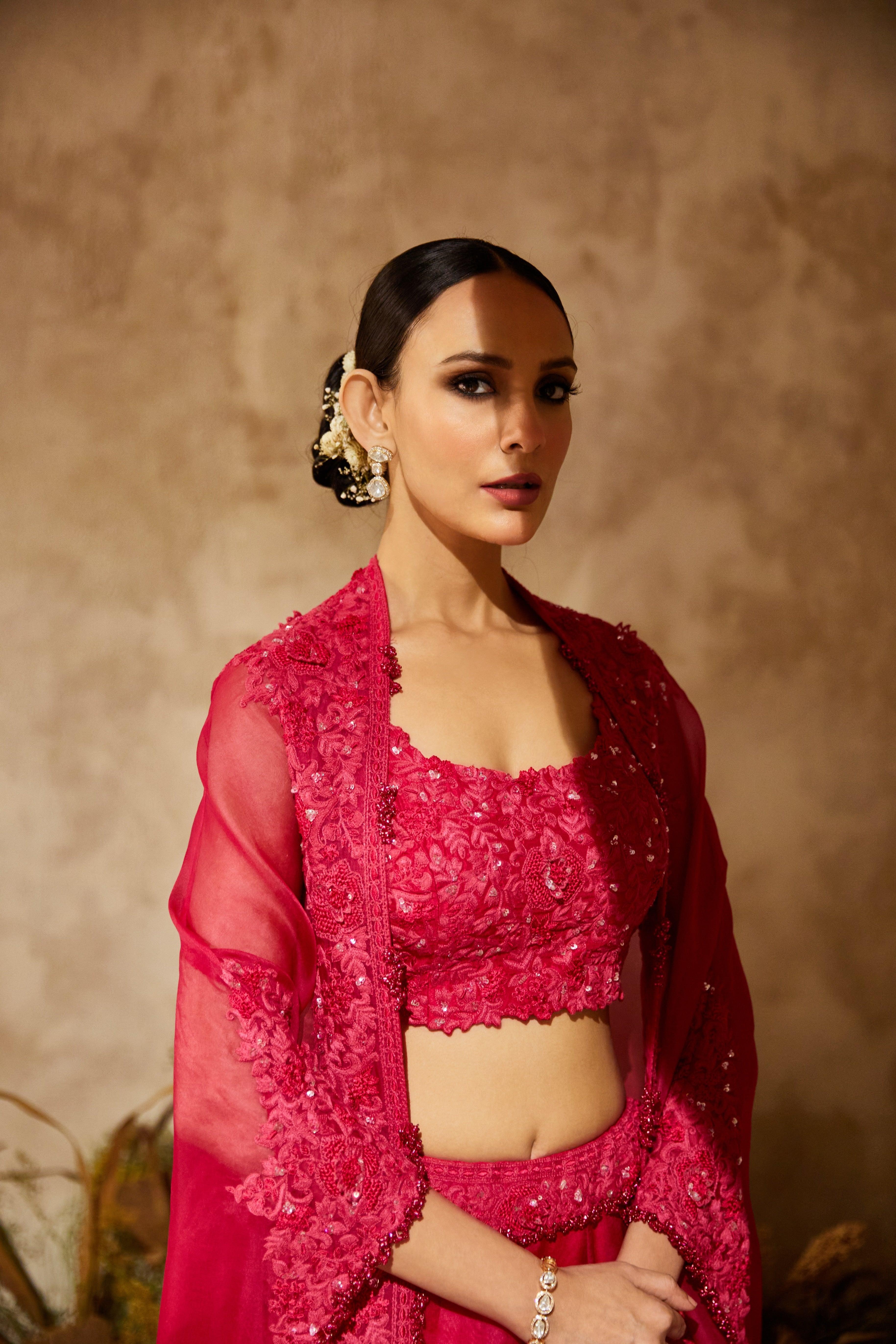 Fuscia Silk Blouse With Organza Cape And Lehenga - Mokshaa