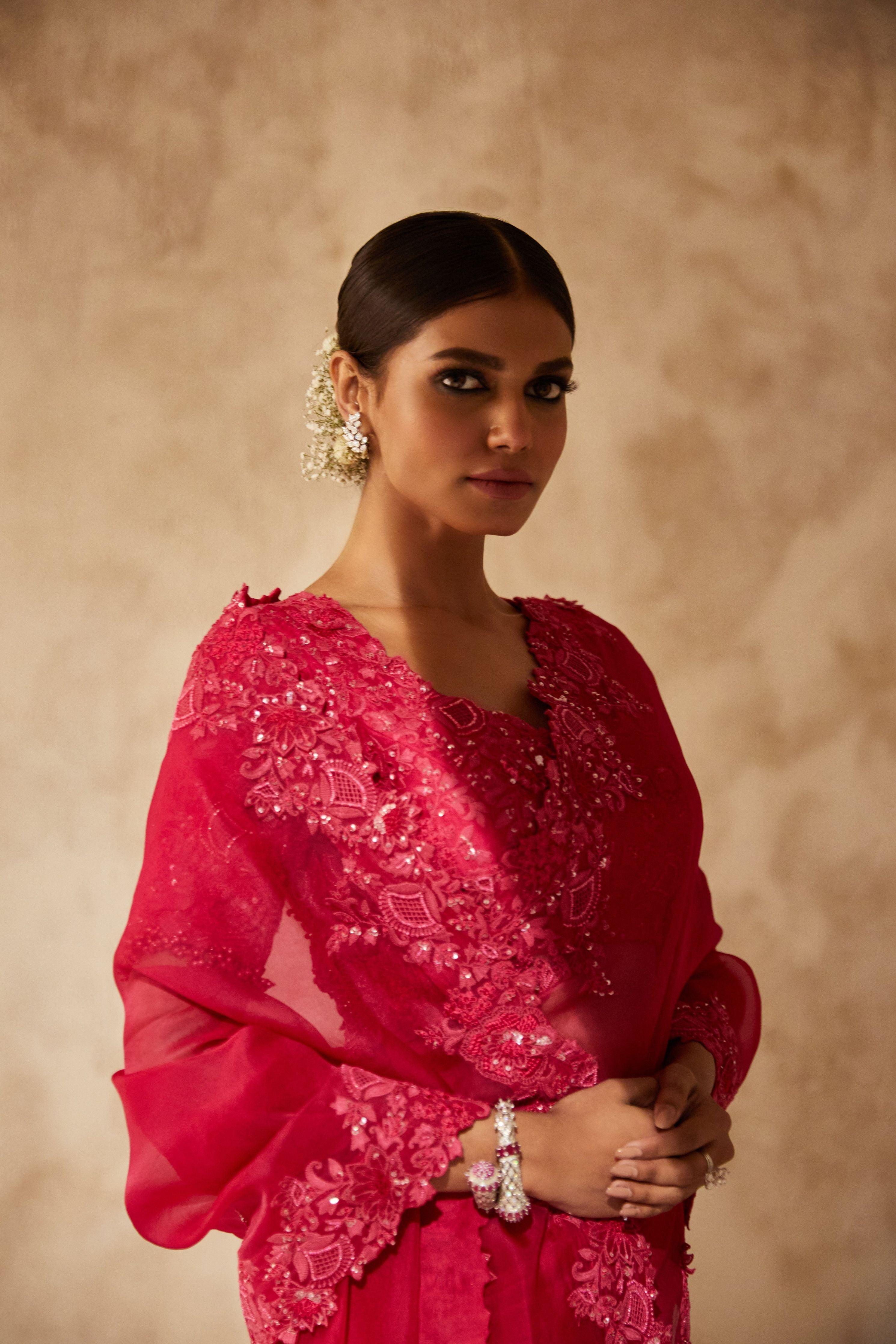 Fuscia Pink Organza Saree With Silk Blouse - Mokshaa