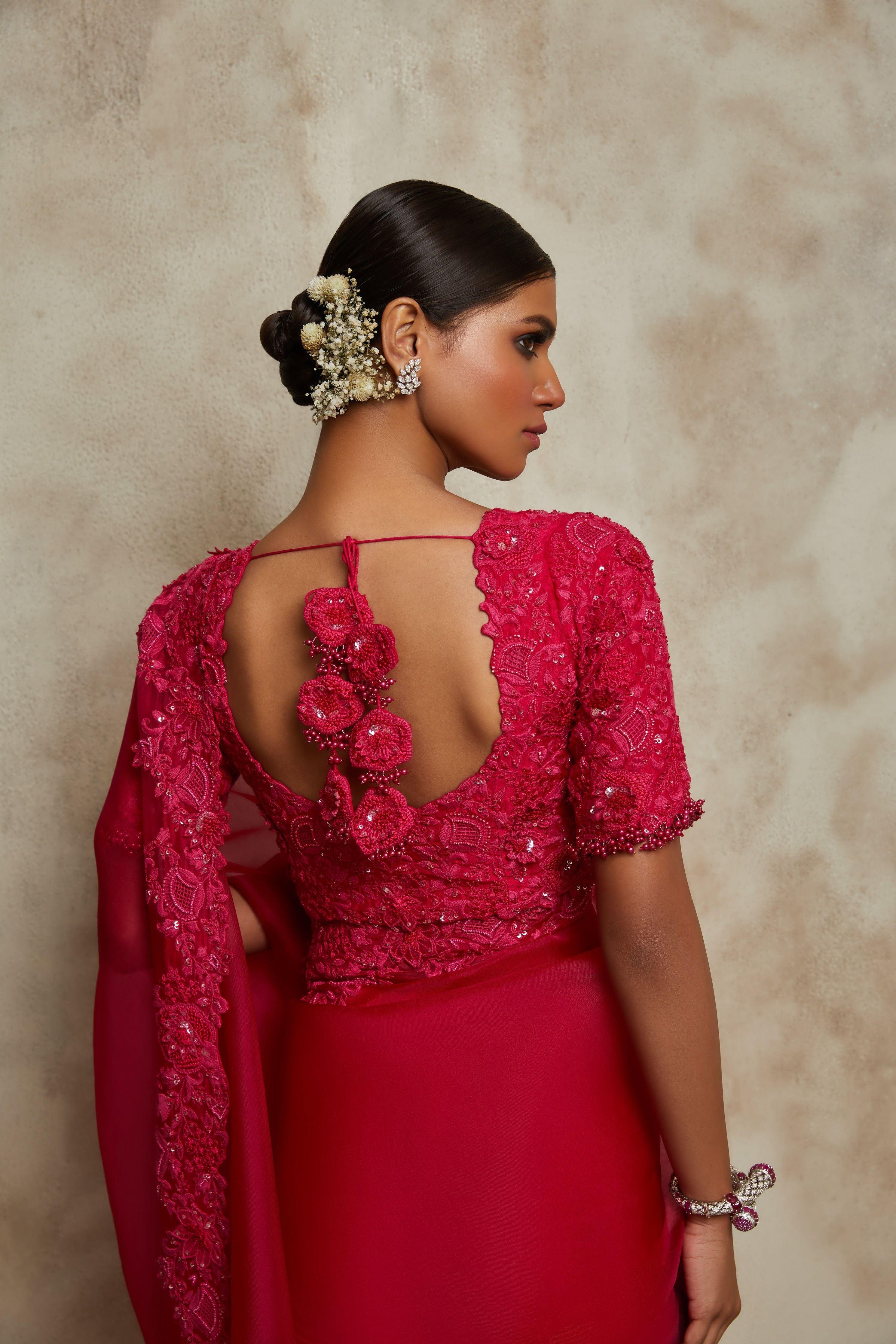 Fuscia Pink Organza Saree With Silk Blouse - Mokshaa