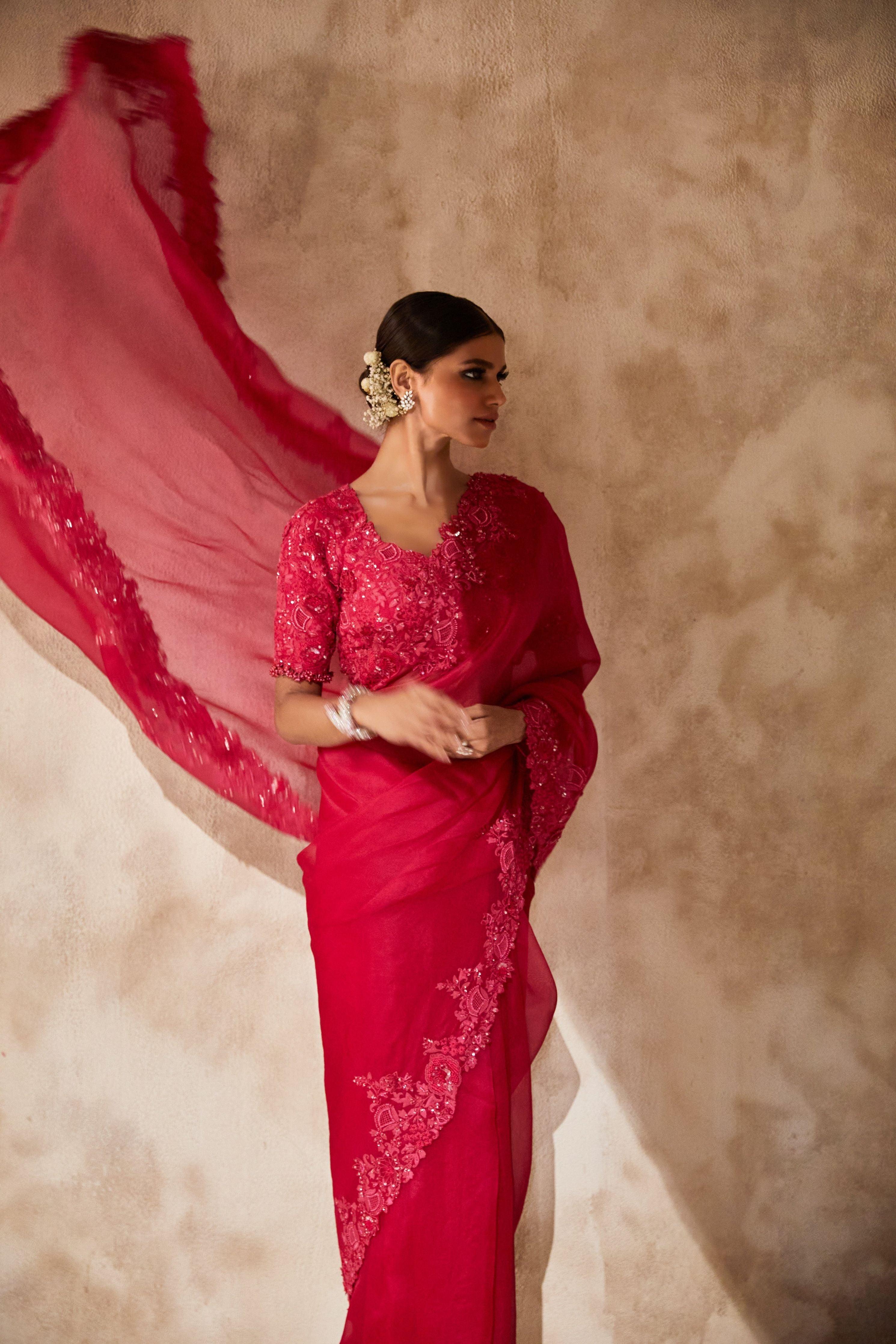 Fuscia Pink Organza Saree With Silk Blouse - Mokshaa