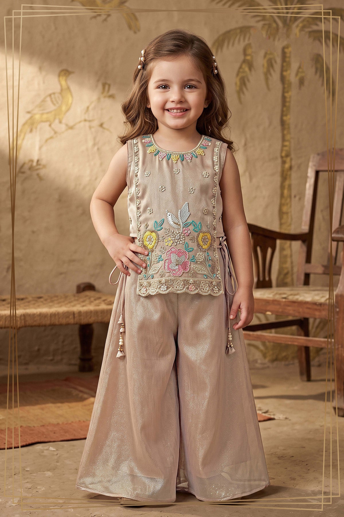 Champagne Shimmer Tissue Palazzo Set - Mokshaa