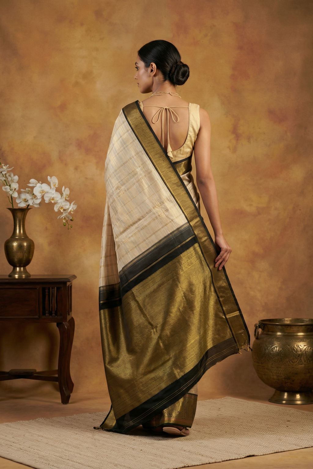 Beige Kanchivaram Silk Saree and Contrast Black Zari Border