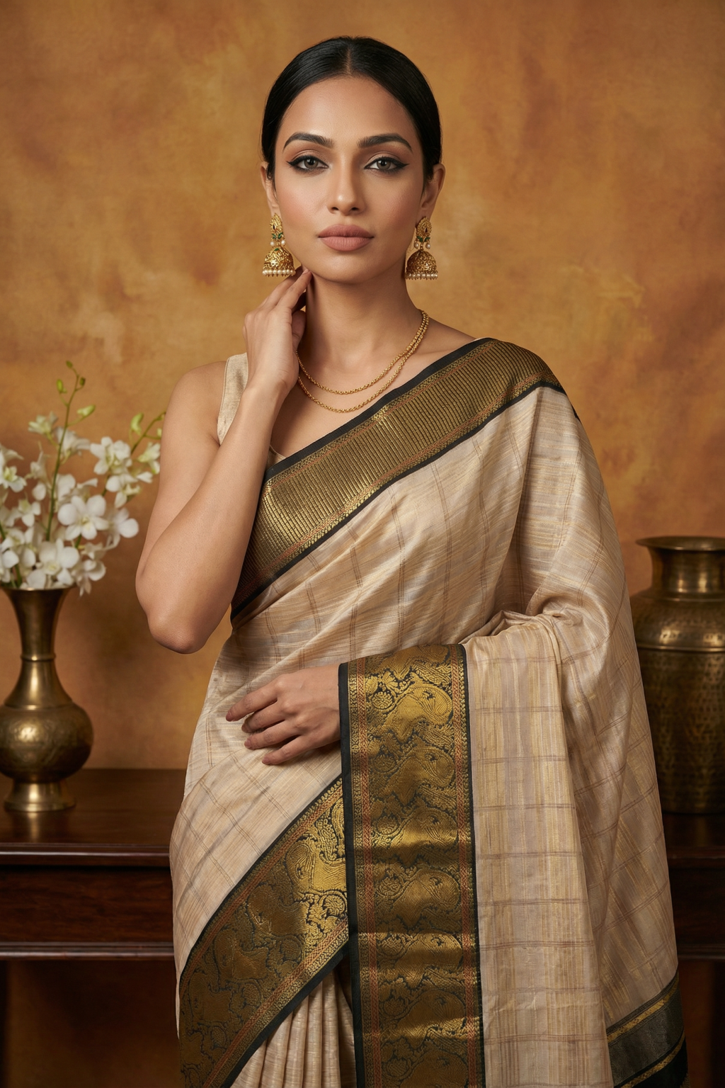Beige Kanchivaram Silk Saree and Contrast Black Zari Border