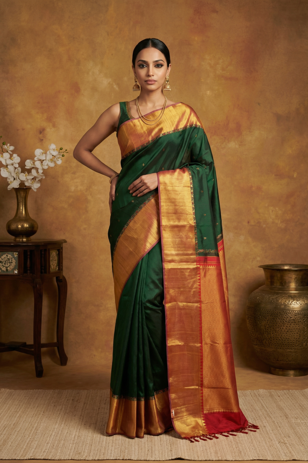 Bottle Green Kanchivaram Silk Saree with Gold Motifs and Contrast Tissue Border