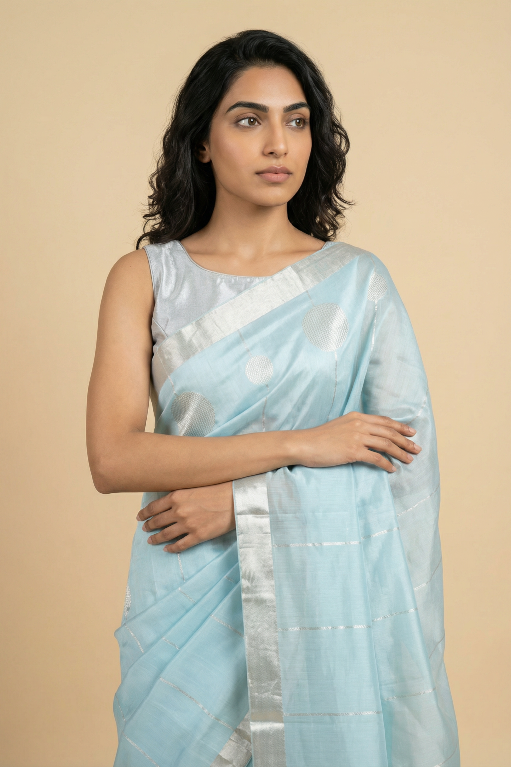 Sky Blue Banarasi Chanderi Silk Saree with Stripes and Butta Border