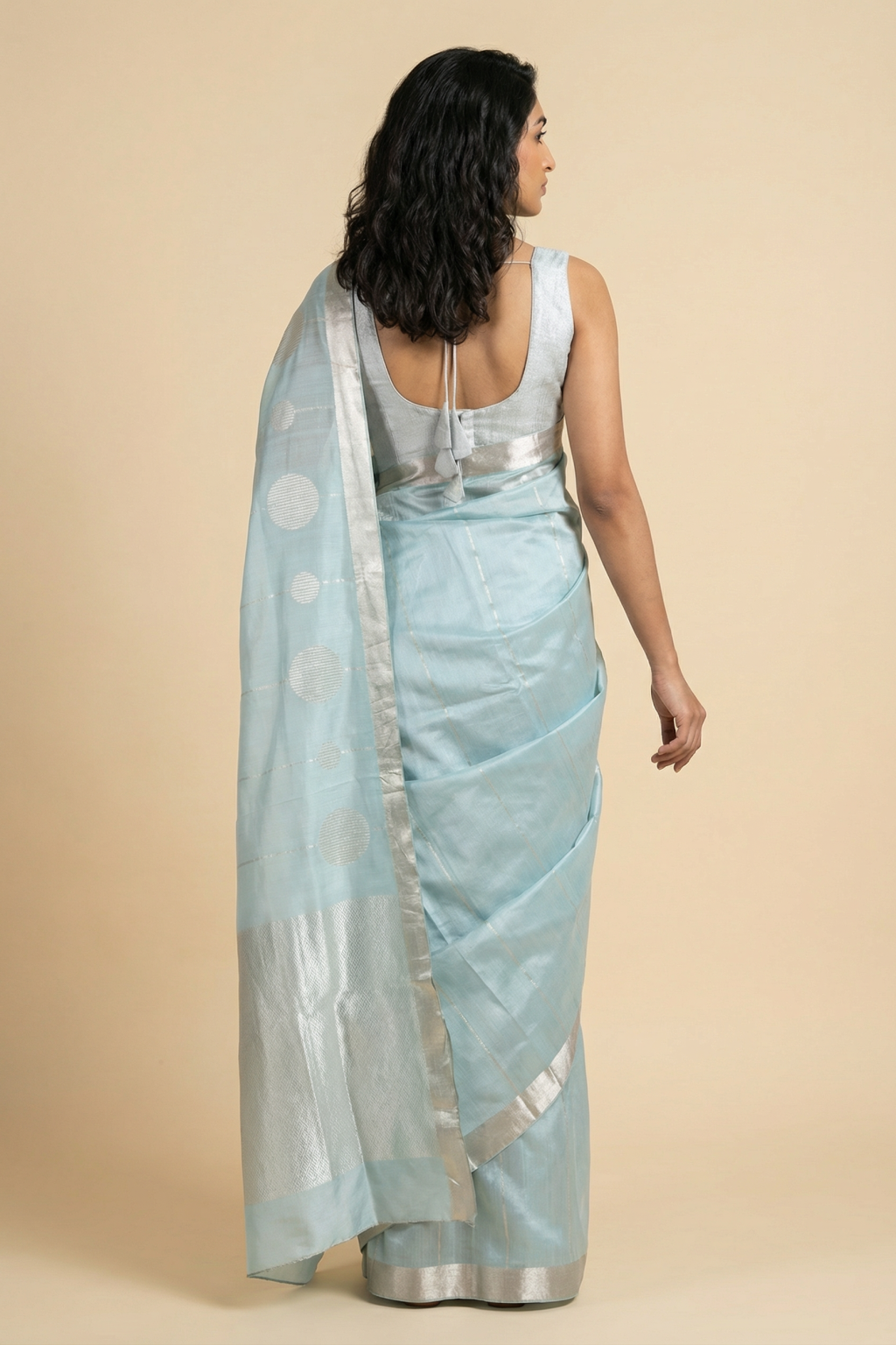 Sky Blue Banarasi Chanderi Silk Saree with Stripes and Butta Border
