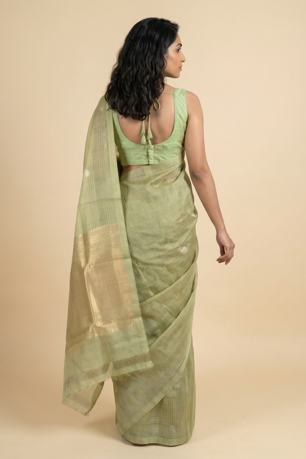 Pista Green Kora Silk Saree with Checks and Woven Motifs