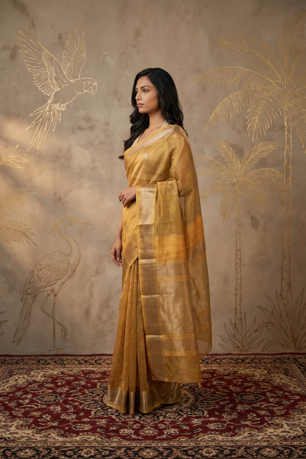 Mango Yellow Kora Silk Banarasi Saree with Subtle Zari Jaal