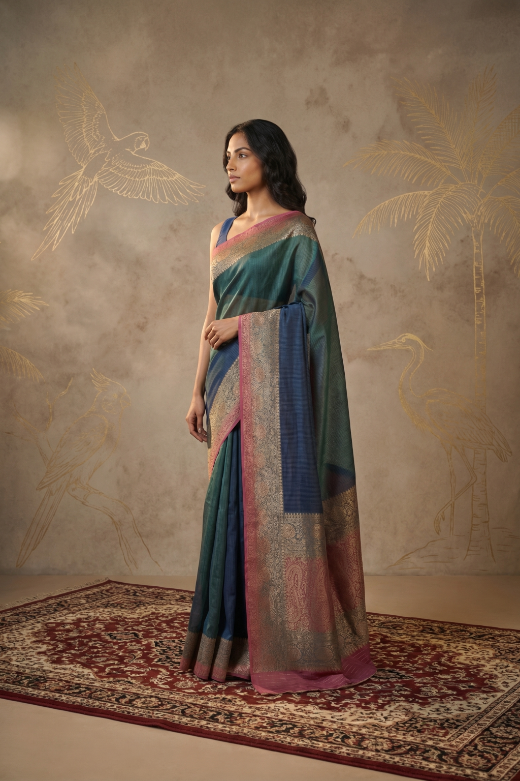 Dual Tone Green Pink Tussar Silk Saree with Zari Border