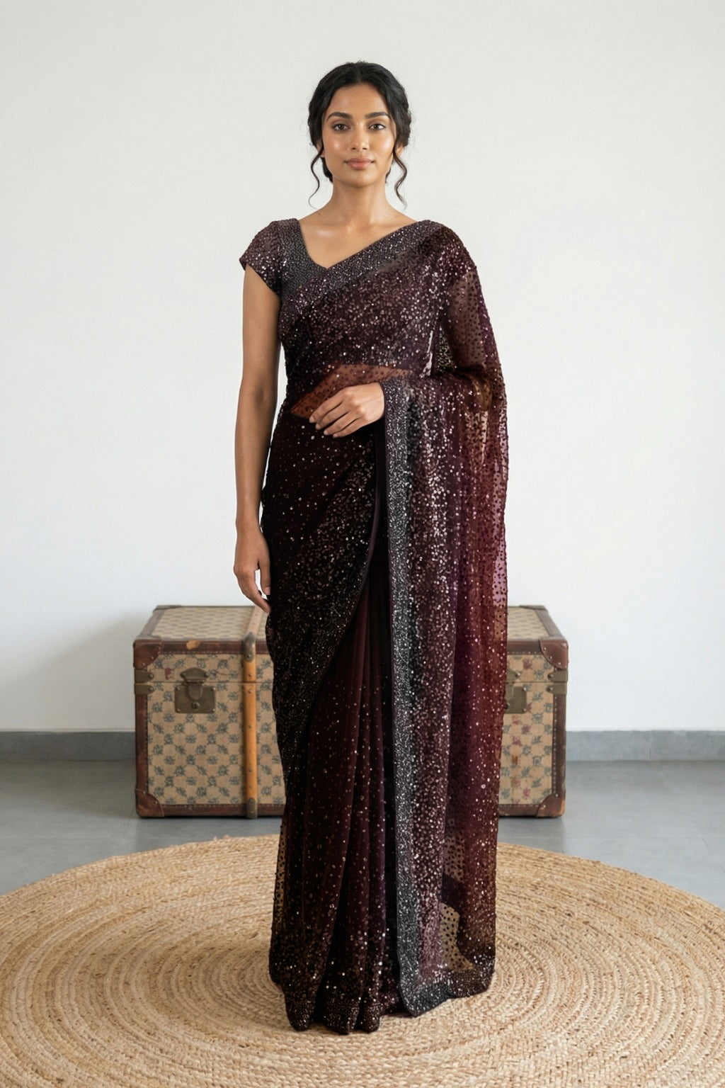 Brown Net Saree with All-Over Sequins and Gunmetal Border with Ready Blouse