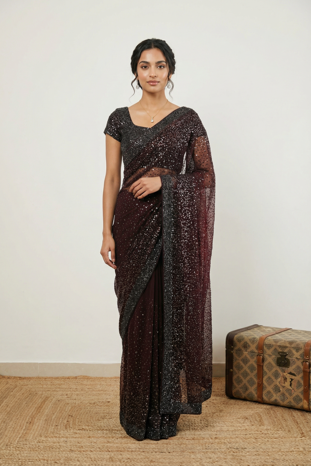 Dark Purple Net Saree