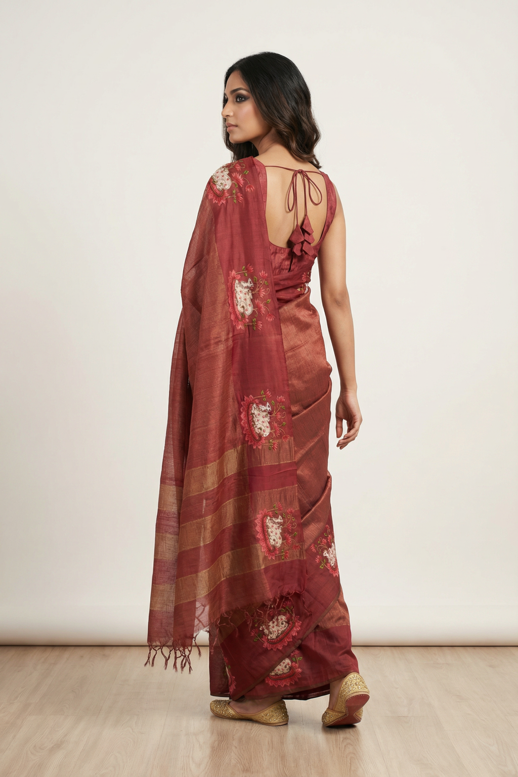 Rust Tussar Silk Saree with Zari Weaving