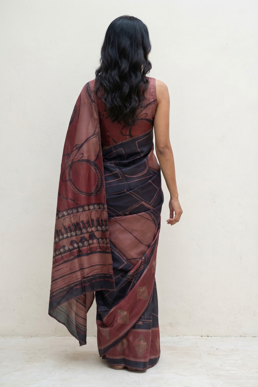 Multicolor Tussar Saree with Digital Print & Kantha Embroidery Border