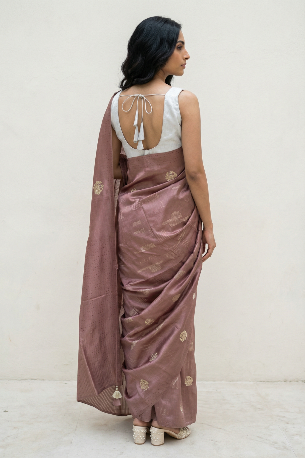 Dusty Peach Tussar Saree with Kantha Embroidery