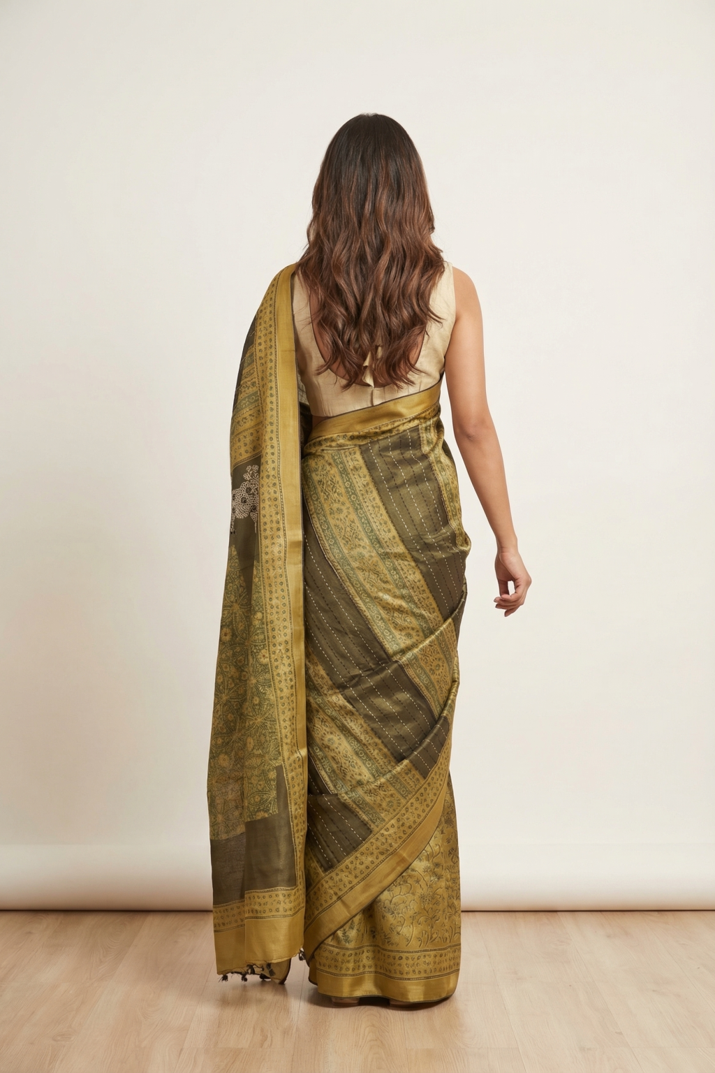 Mustard Tussar Silk Saree with Ajrakh Print & Cow Motif Border