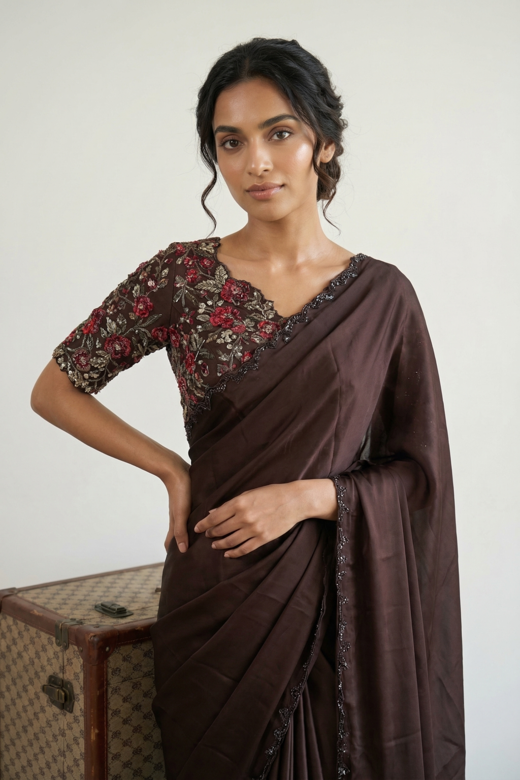 Brown Satin Silk Designer Saree