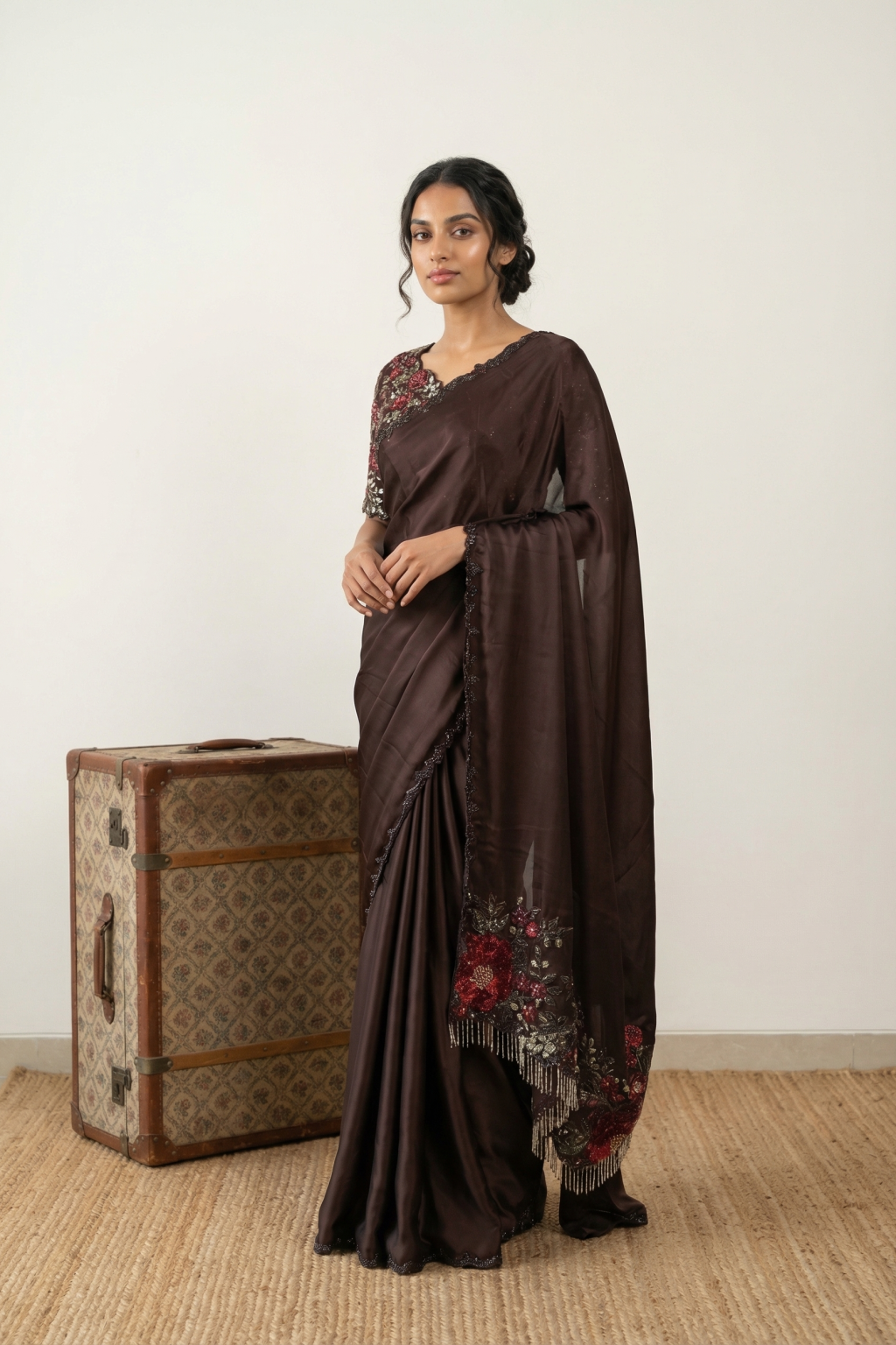 Brown Satin Silk Designer Saree