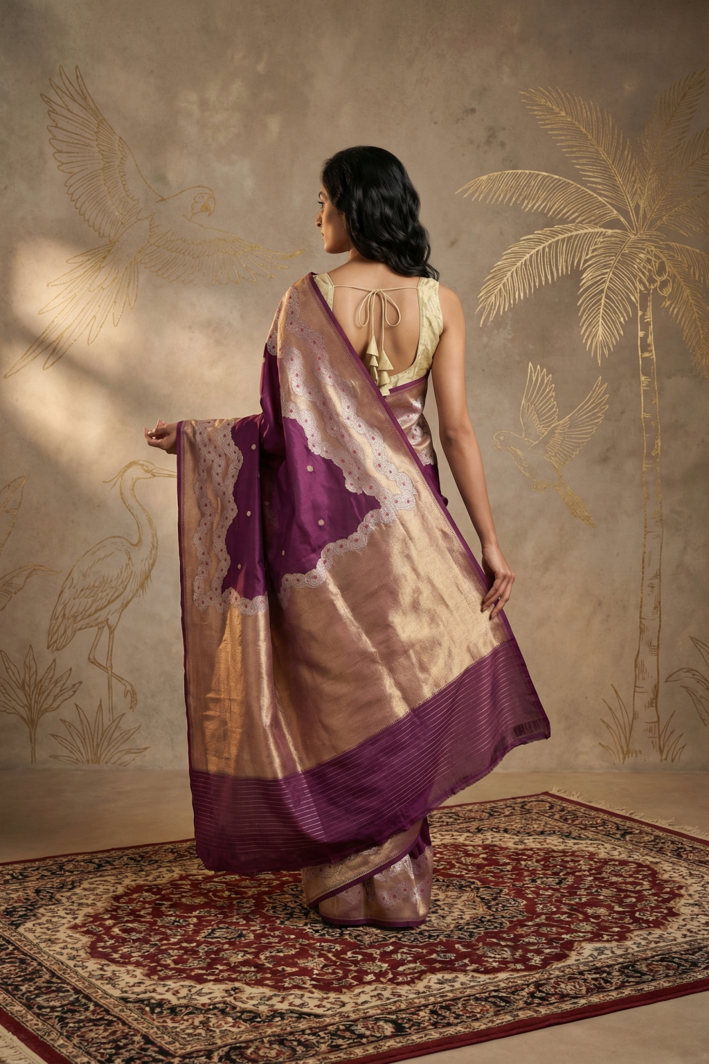 Violet Banarasi Silk Saree with Chakram Motifs & Statement Zari Border
