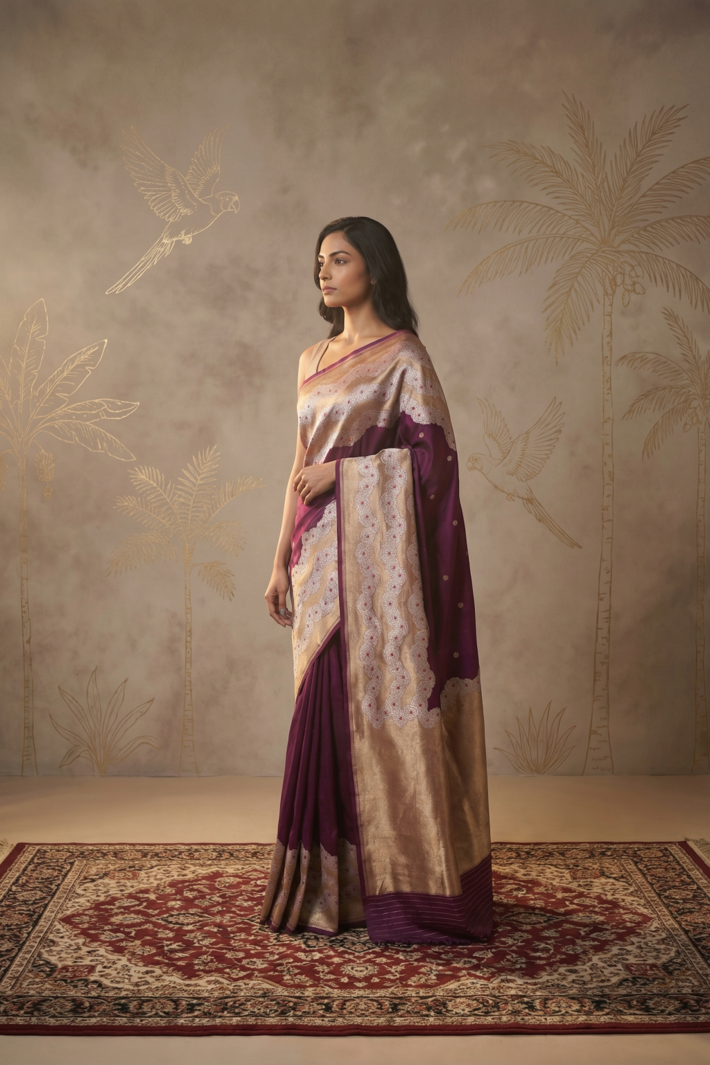 Violet Banarasi Silk Saree with Chakram Motifs & Statement Zari Border