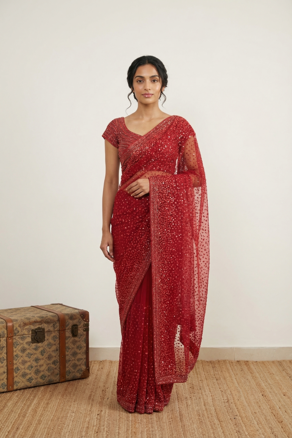 Red Net Saree with All Over Sequins and Gunmetal Work Border with Ready Made Blouse
