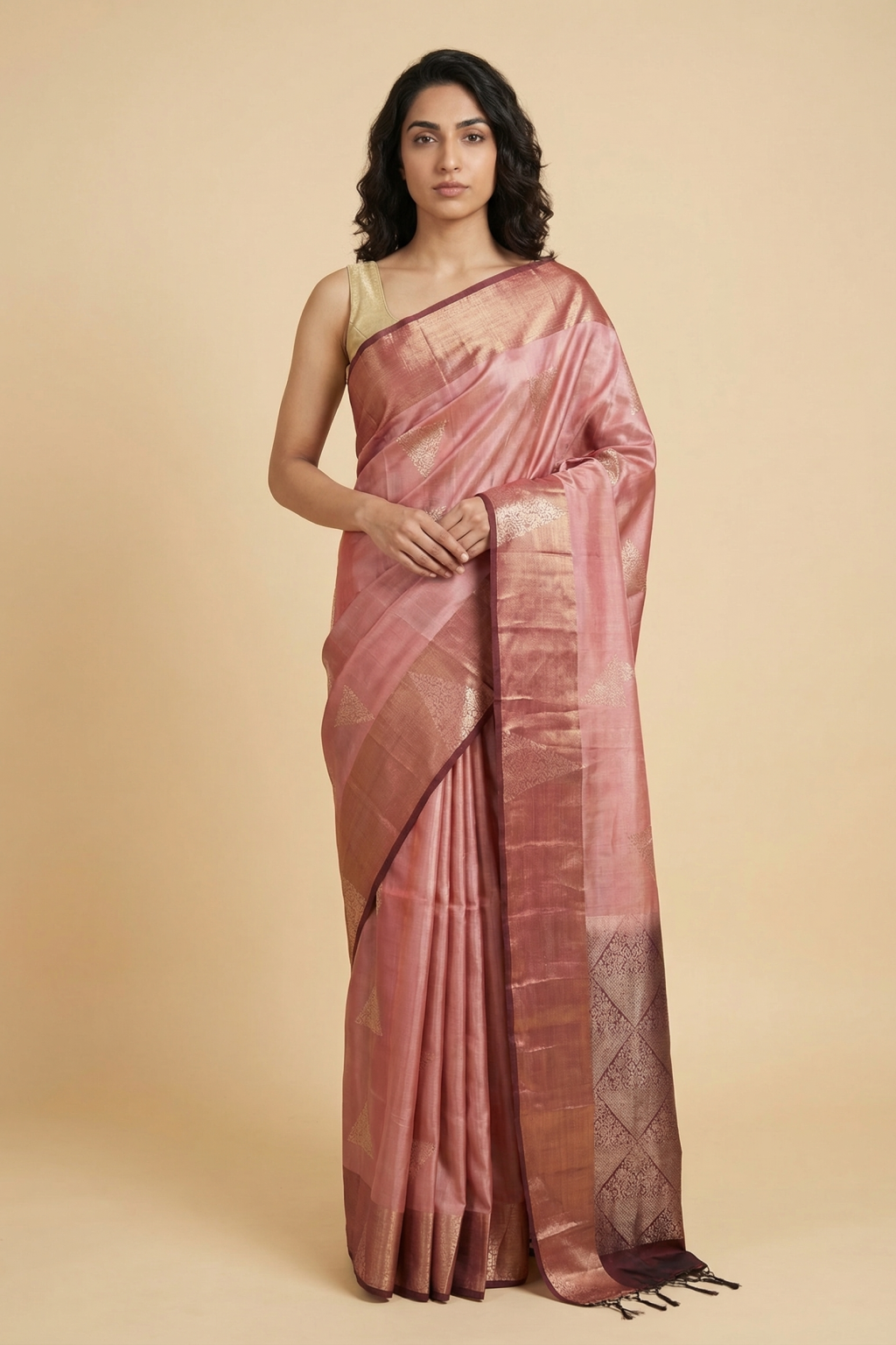 Rust Soft Silk Saree with Fancy Butta & Zari Contrast Border