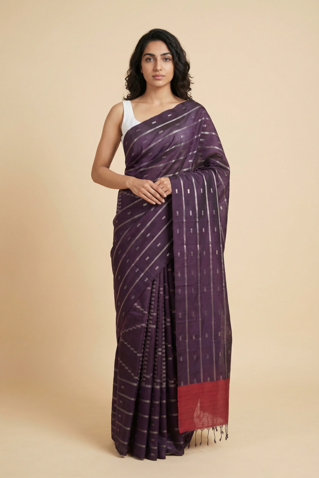 Purple Soft Silk Saree with Geometrical Jaal & Contrast Pallu
