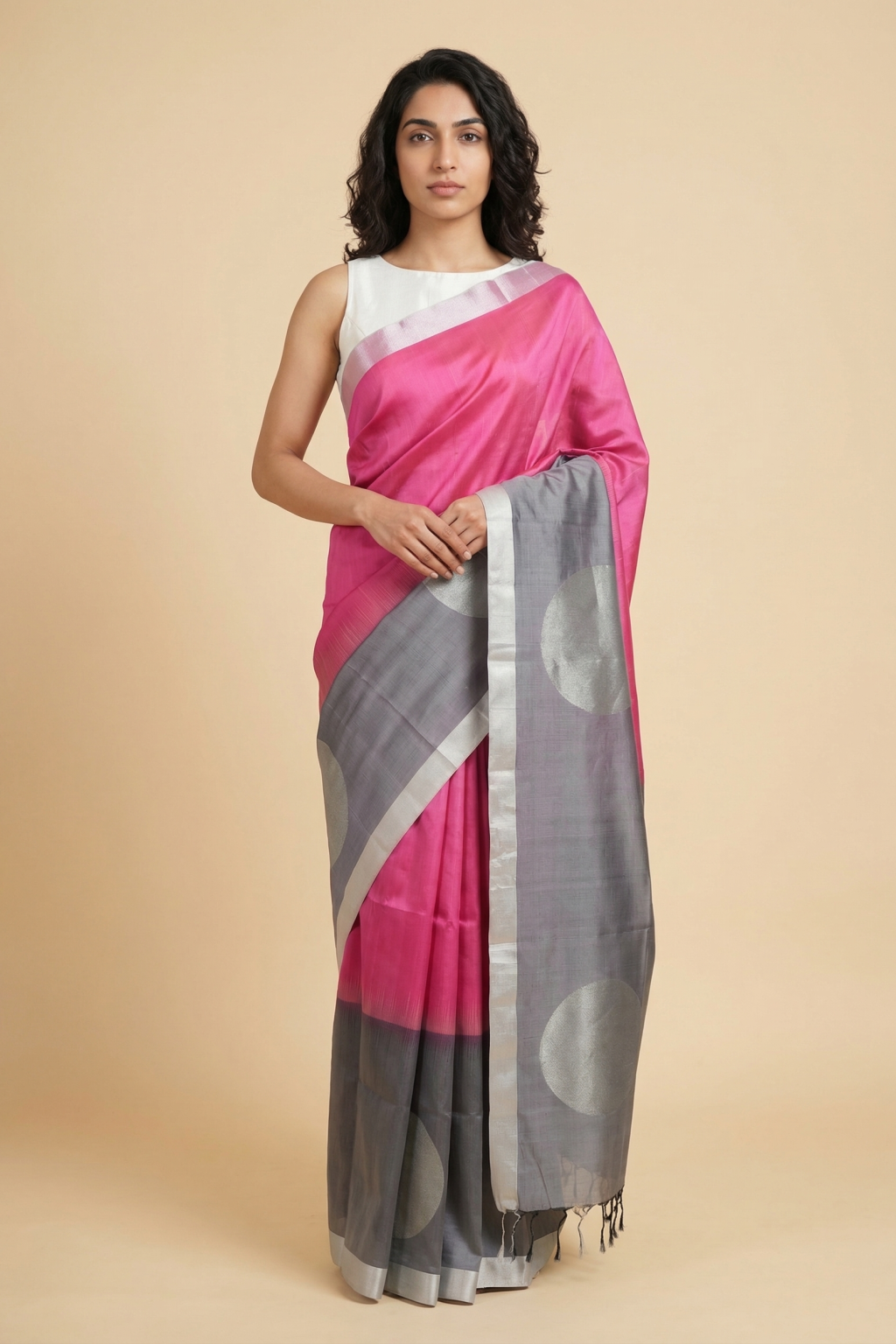 Pink Soft Silk Saree with Silver Butta & Contrast Ash Border