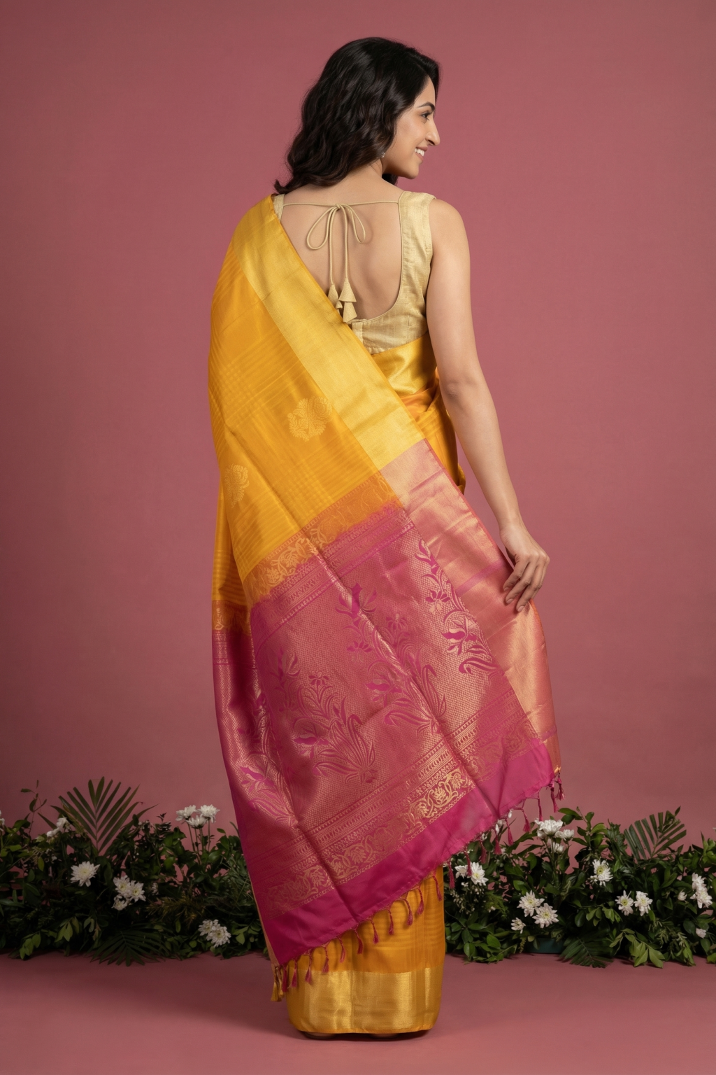 Yellow Soft Silk Saree with Self Checks & Contrast Zari Pallu