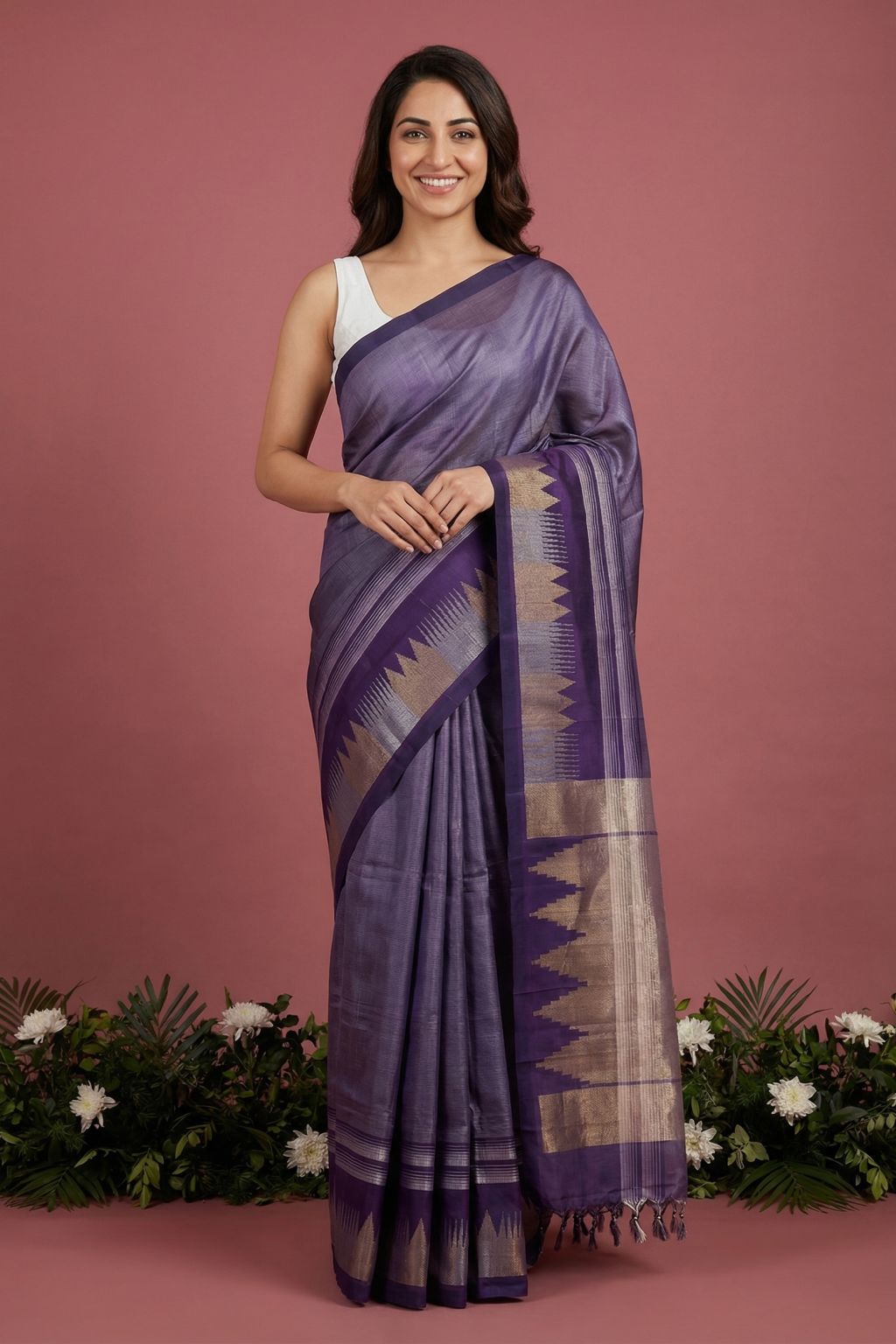 Purple Soft Silk Saree with Striped Weaving & Fancy Zari Border