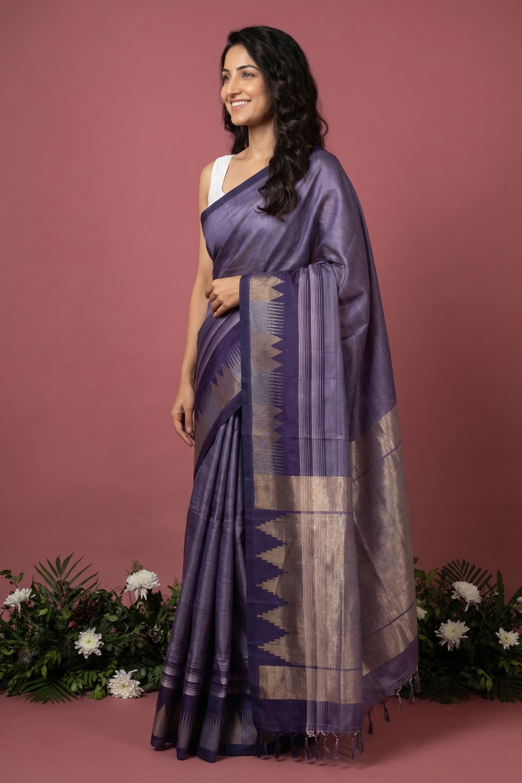 Purple Soft Silk Saree with Striped Weaving & Fancy Zari Border