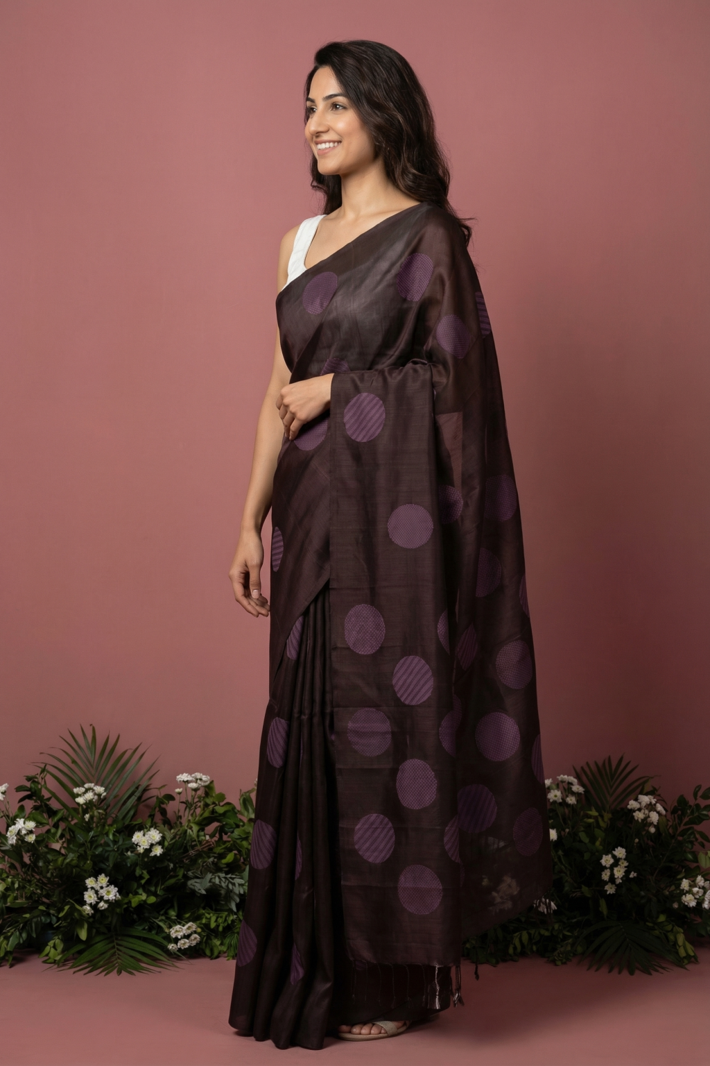 Brown Soft Silk Saree with Round Fancy Butta