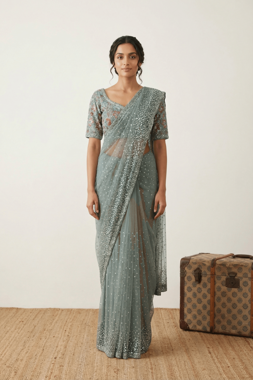 Ice Blue Net Saree with All Over Sequins Work
