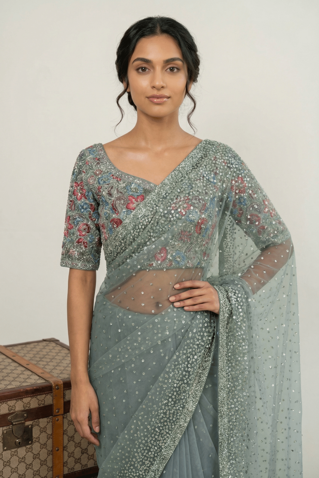 Ice Blue Net Saree with All Over Sequins Work