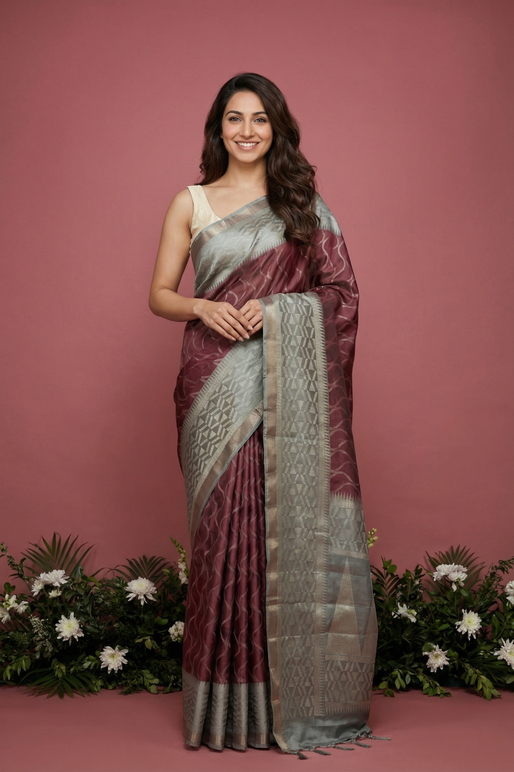Coral Pink Soft Silk Saree with Geometrical Jaal & Contrast Pallu