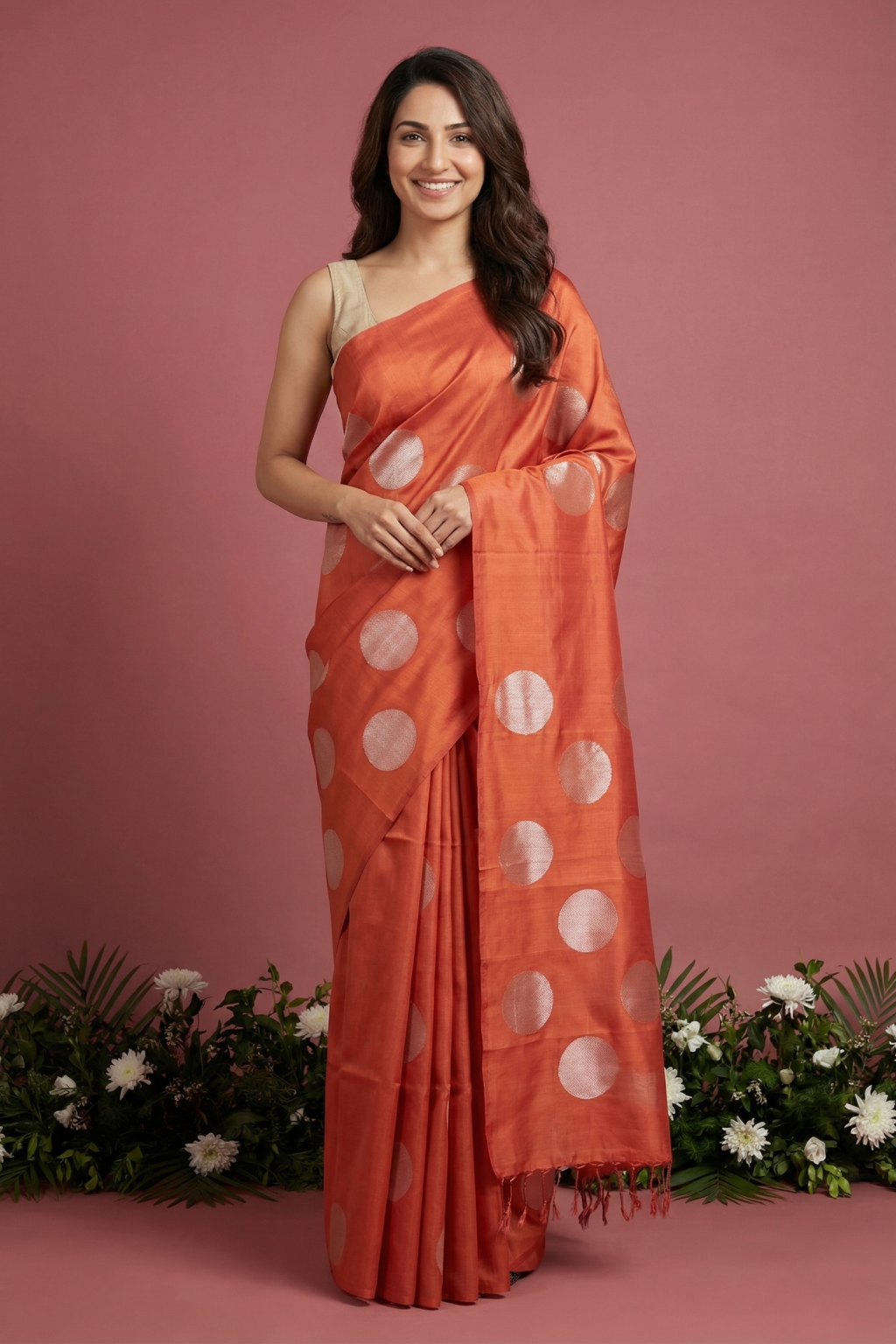 Orange Soft Silk Saree with Round Fancy Butta