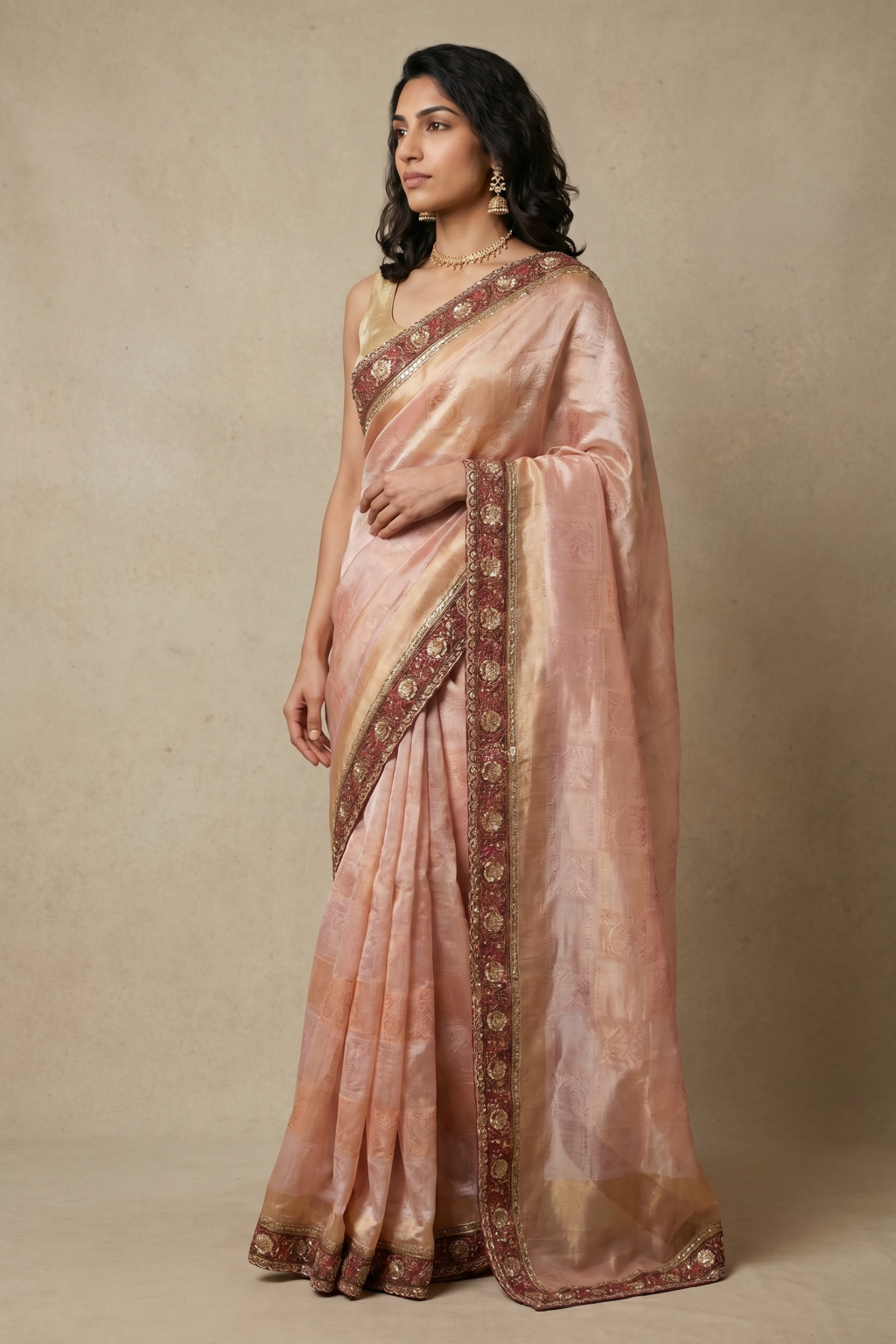 Peach Banaras Handloom Tissue Saree