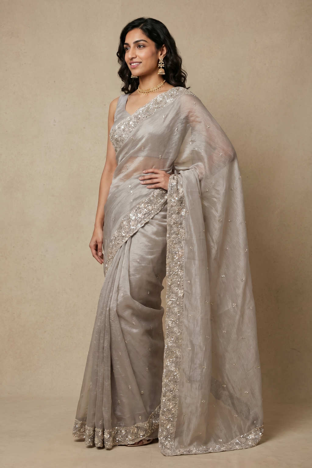 Light Gold Crush Tissue Saree