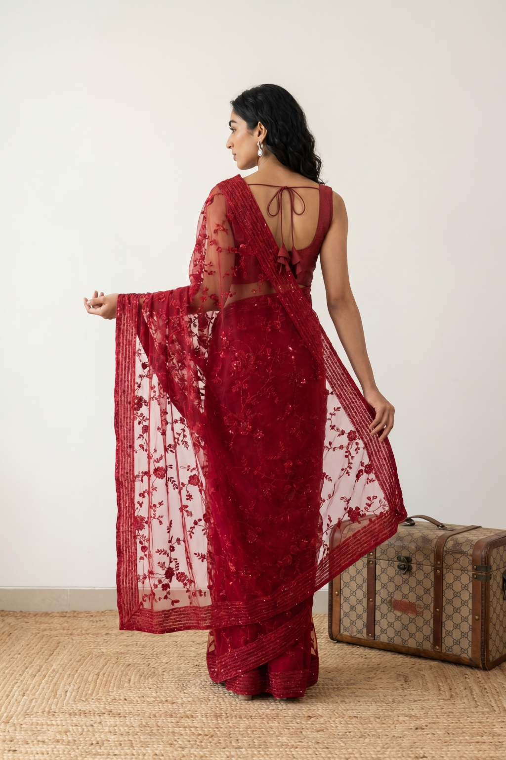 Red Net Saree