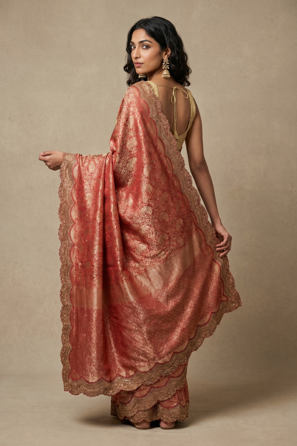 Red Banarasi Silk Saree with Scallop Aari & Sequin Border