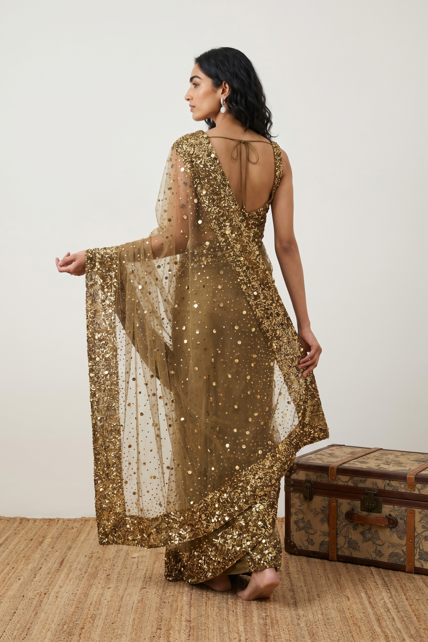 Gold Net Sequin Saree