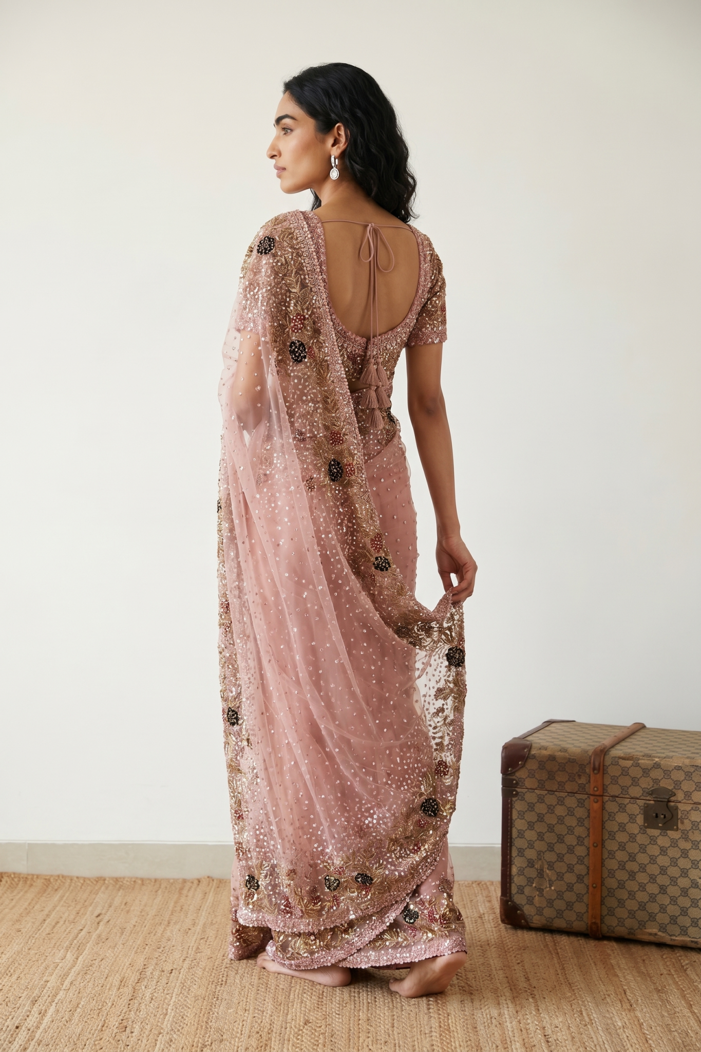 Onion Pink Sequins Net Saree