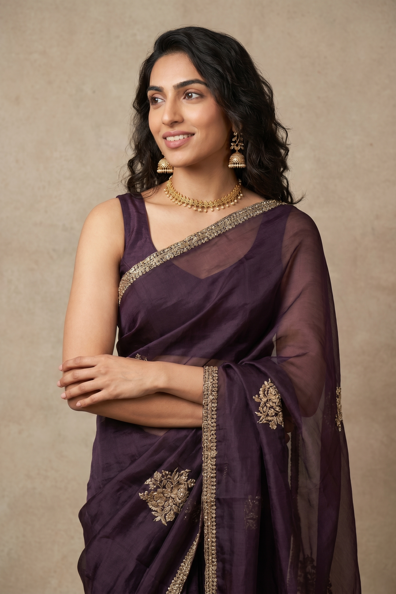 Wine Organza Saree with Embroidered Motifs