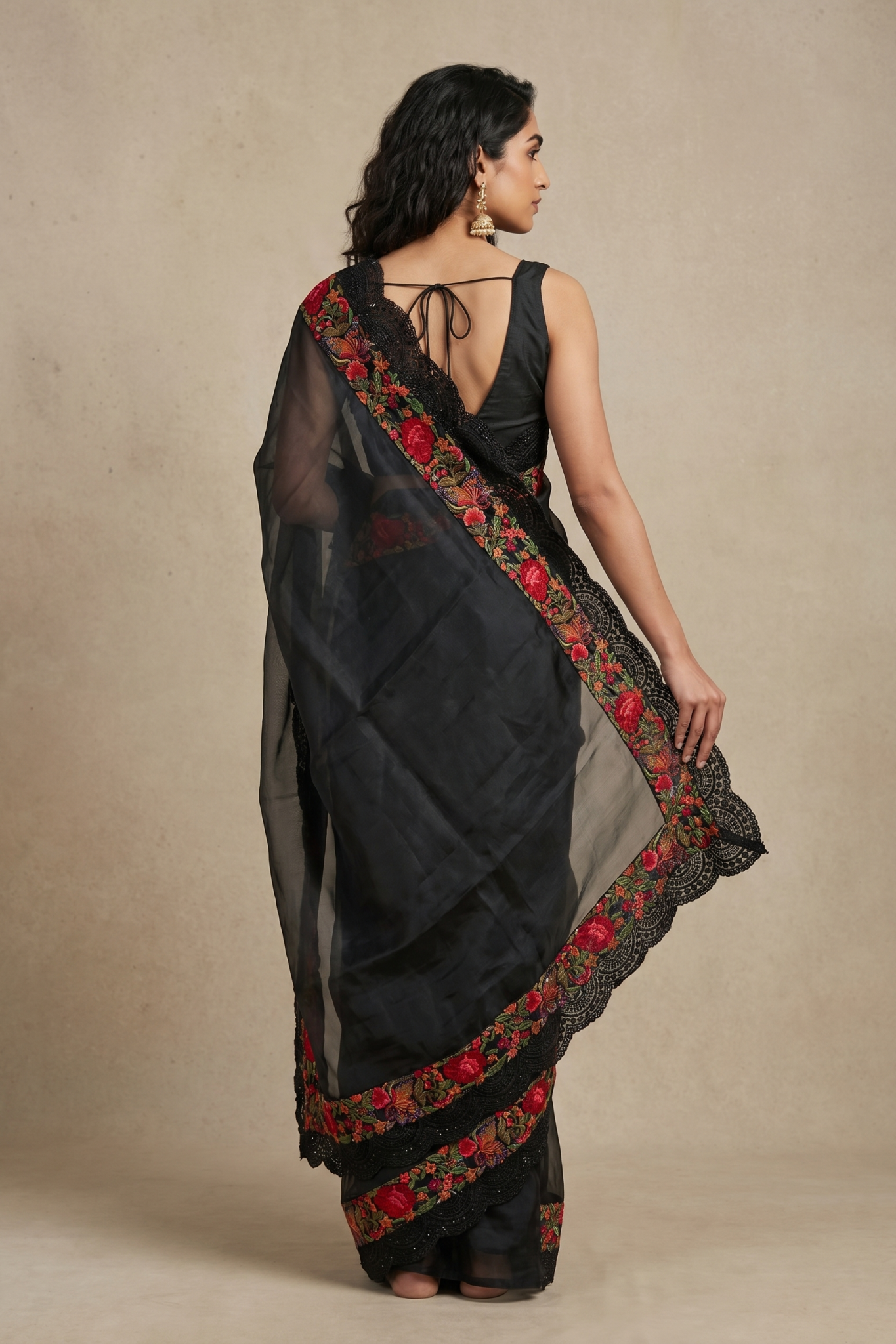 Black Organza Saree with Floral Border