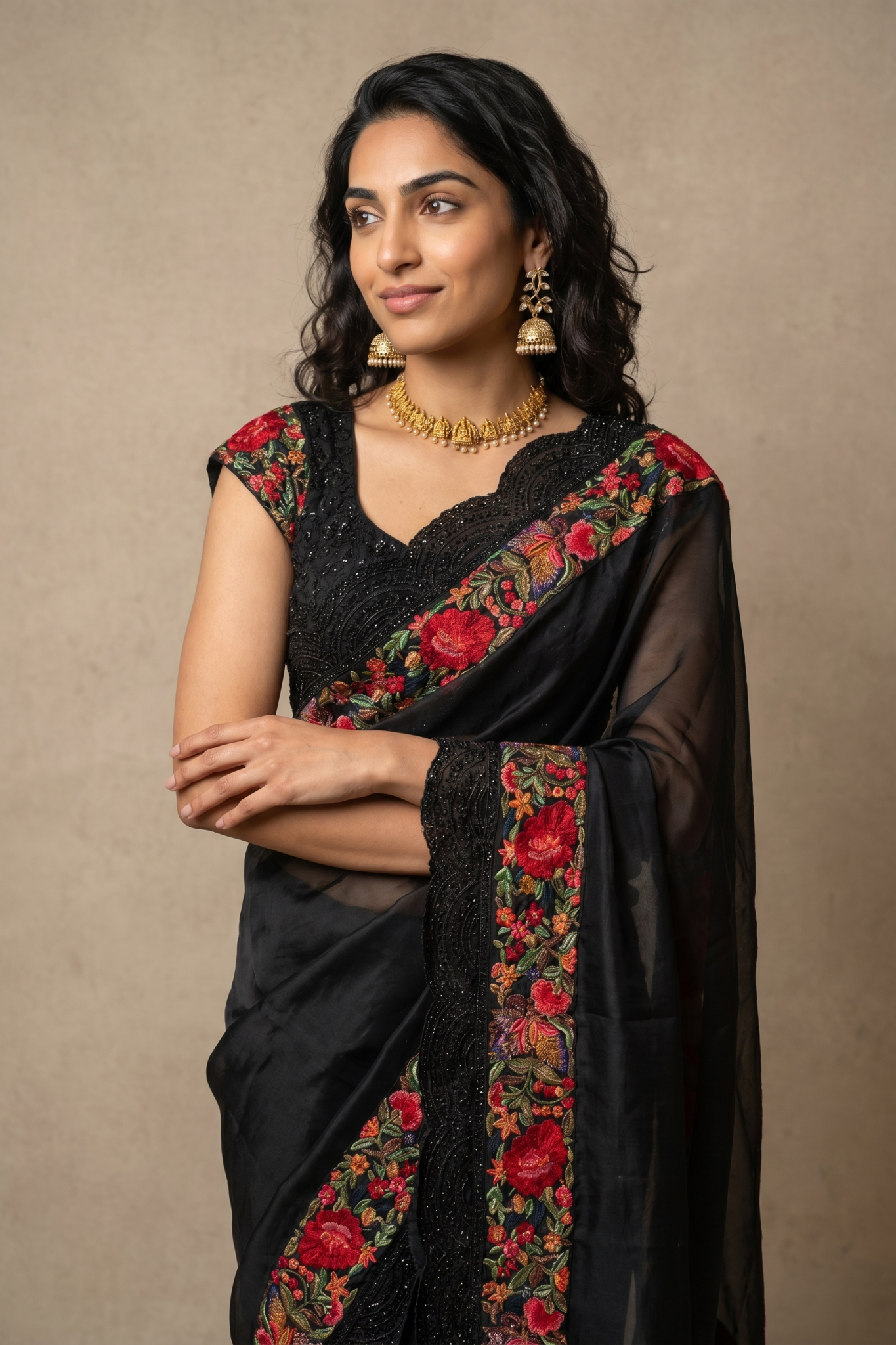 Black Organza Saree with Floral Border