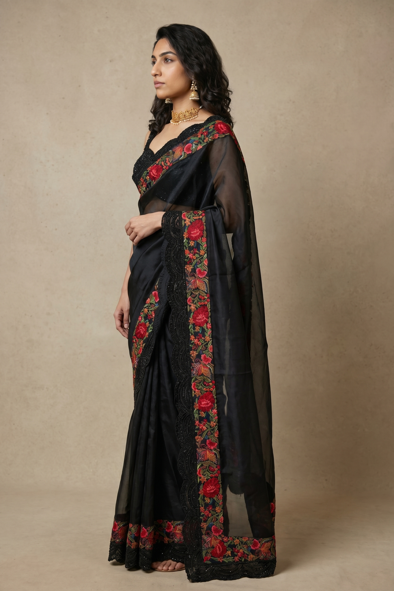 Black Organza Saree with Floral Border