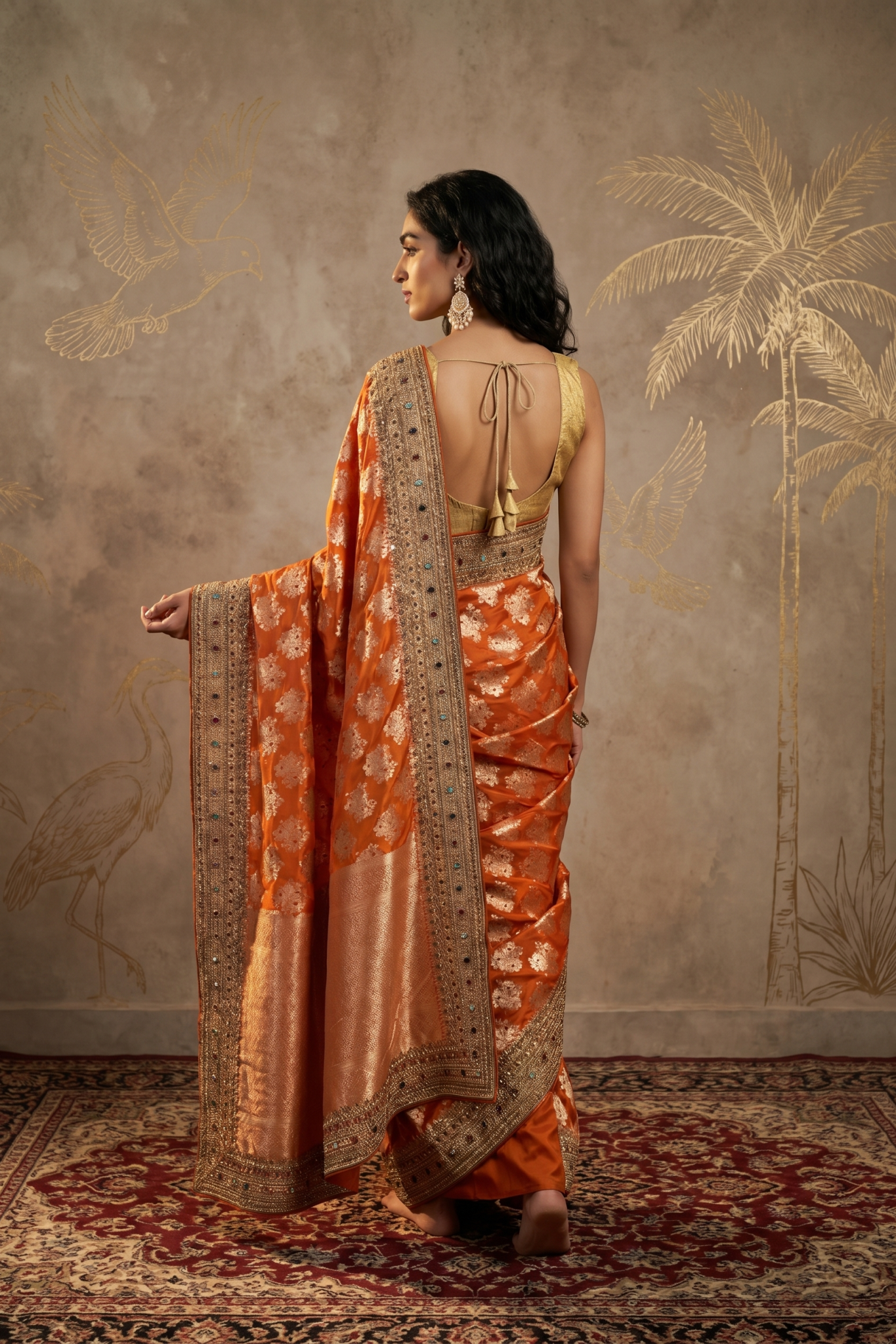 Orange Banarasi Silk Meenakari Saree