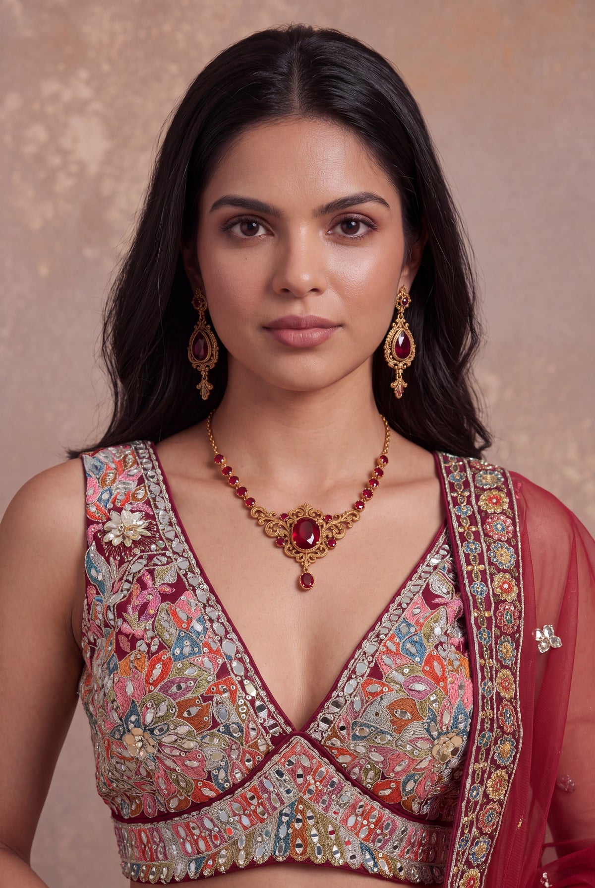 Deep Red Printed Silk Lehenga Set with Mirror Work - Mokshaa