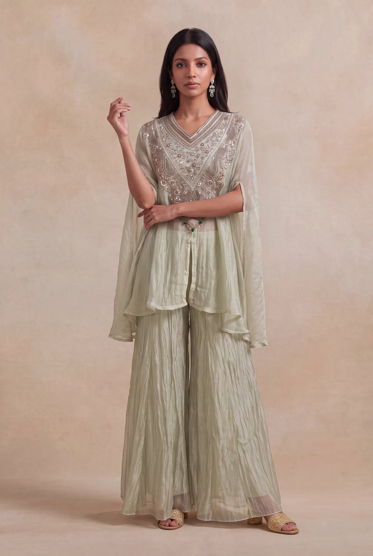Sage Green Crush Tissue Zardozi Cape Set - Mokshaa