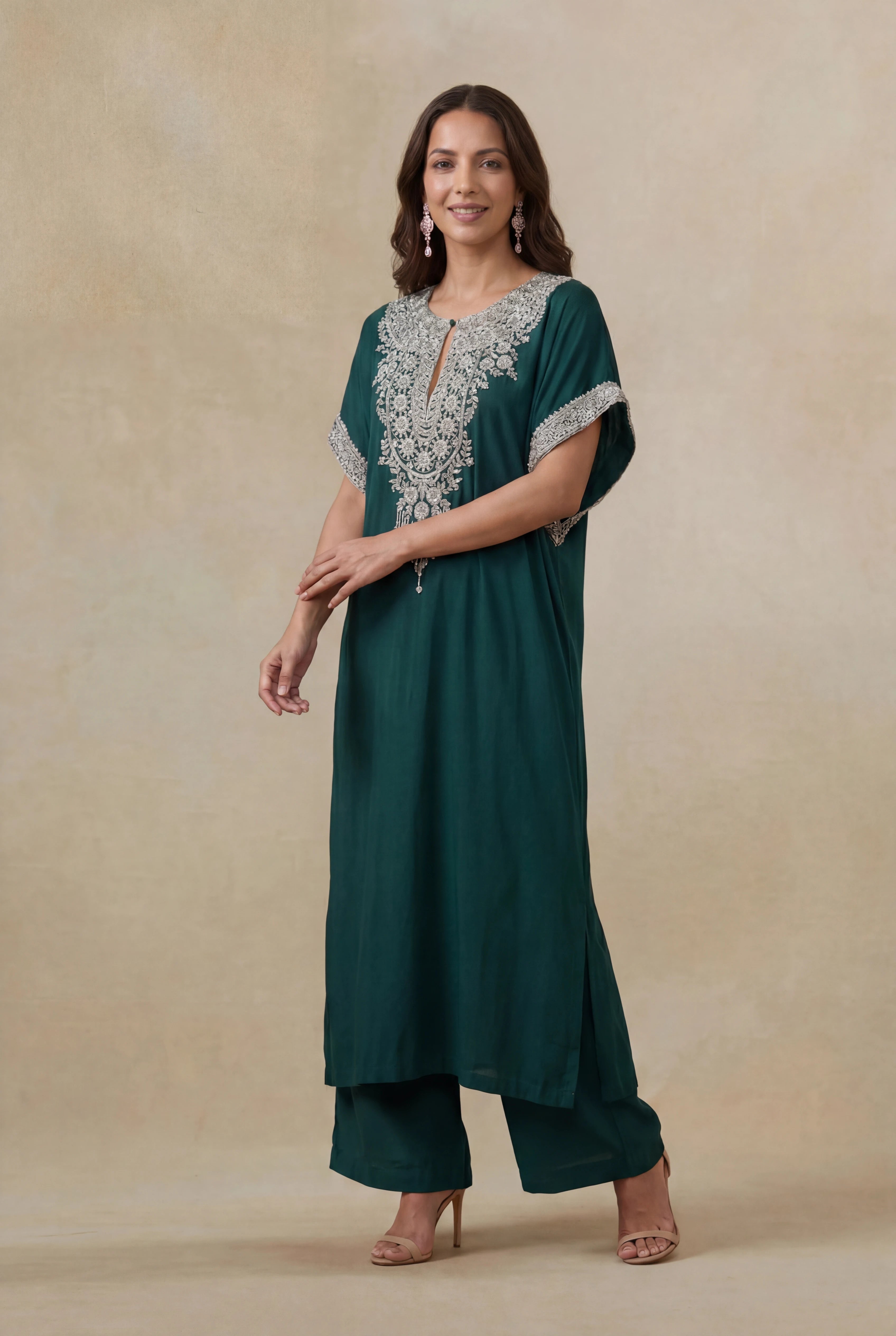 Emerald Green Satin Silk Kaftan Set