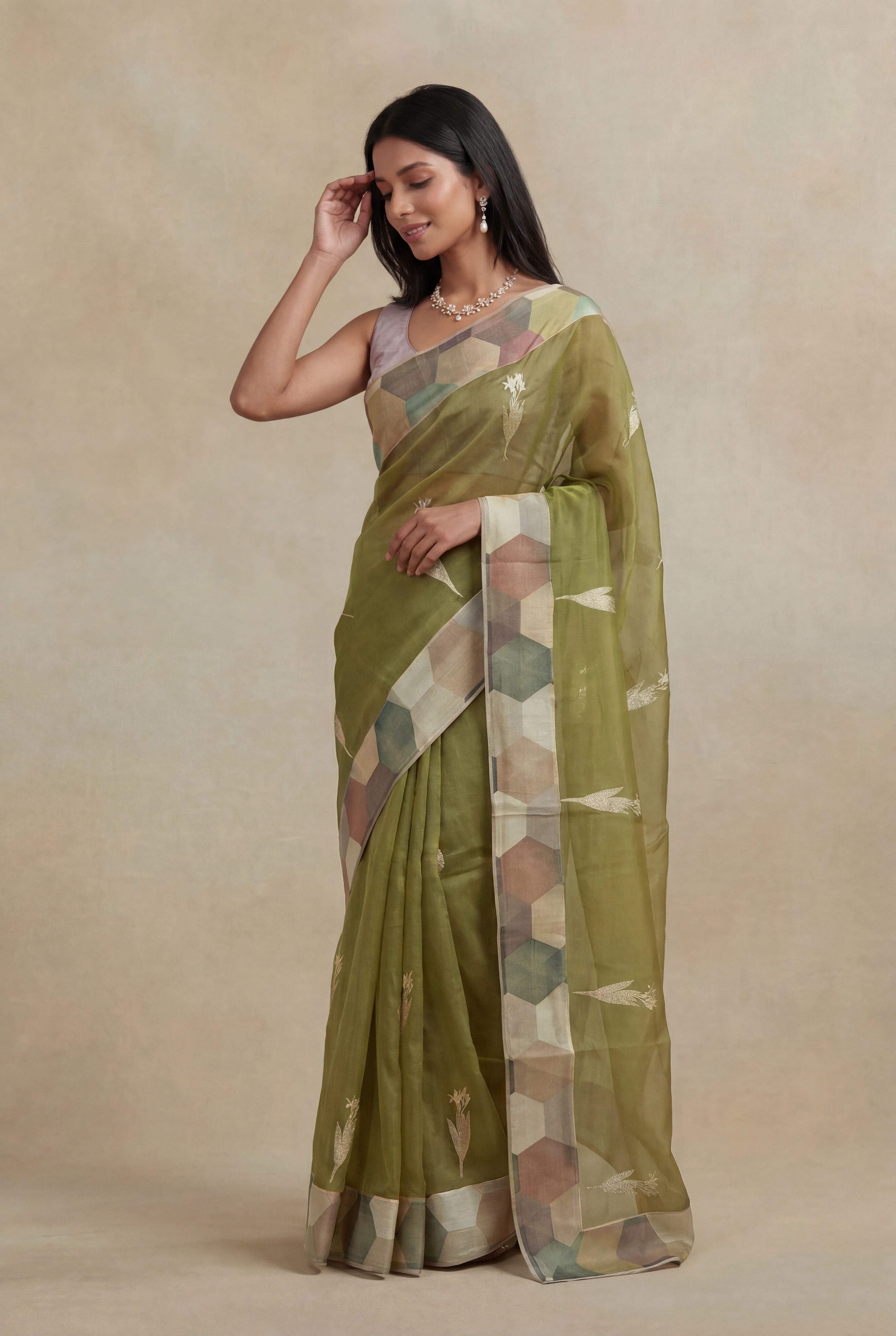 Olive Green Silk Kora Saree